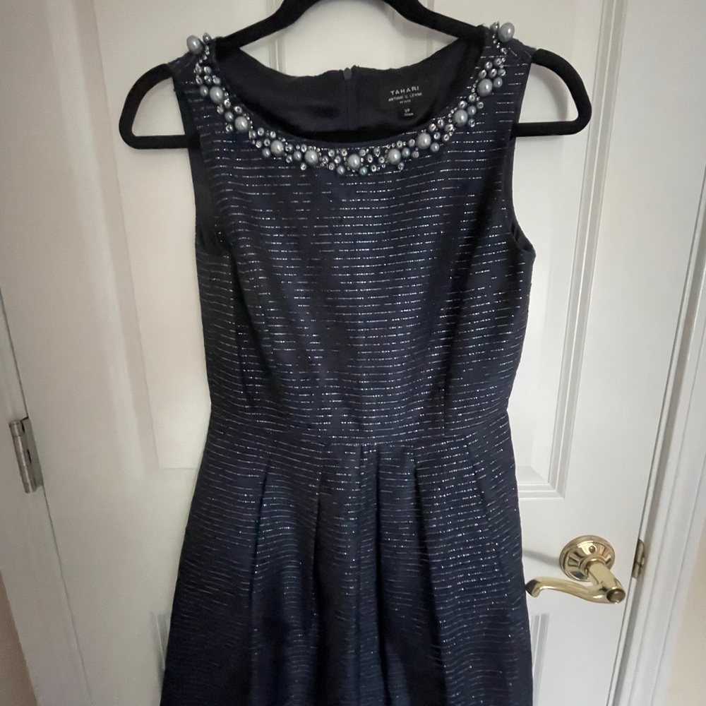 Tahari Navy Dress with Pearl Accents